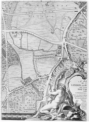 Un mapa de St Georges Fields y Newington Butts, Londres, 1746